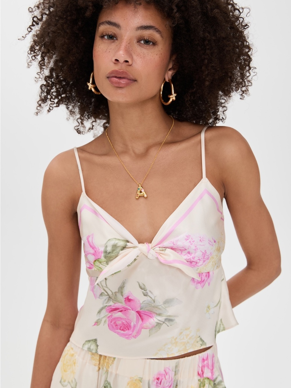 LoveShackFancy Emeraine Cream Floral Tie-Front Cami with Pink Roses